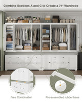 8 Door Large Wardrobe Closet 71" Tall White Wooden Freestanding Storage Armoire – Oversize Capacity Modular Cabinet with Drawers, Space-Saving Durable Design for Bedroom & Closet Organization Buenhomino
