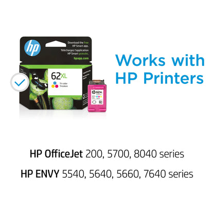 HP 62XL Tri-color High-yield Ink | Works with HP ENVY 5540, 5640, 5660, 7640 Series, HP OfficeJet 5740, 8040 Series, HP OfficeJet Mobile 200, 250 Series | Eligible for Instant Ink | C2P07AN