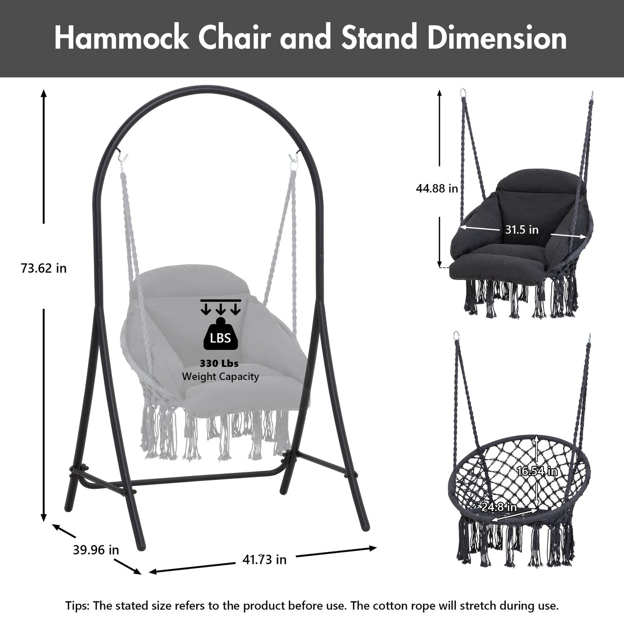 ANOW Hanging Swing Chair with Stand Included, Heavy Duty Hammock Chair with Stand and Removable Padded Cushion, Max 330 Lbs, Dark Grey ANOW