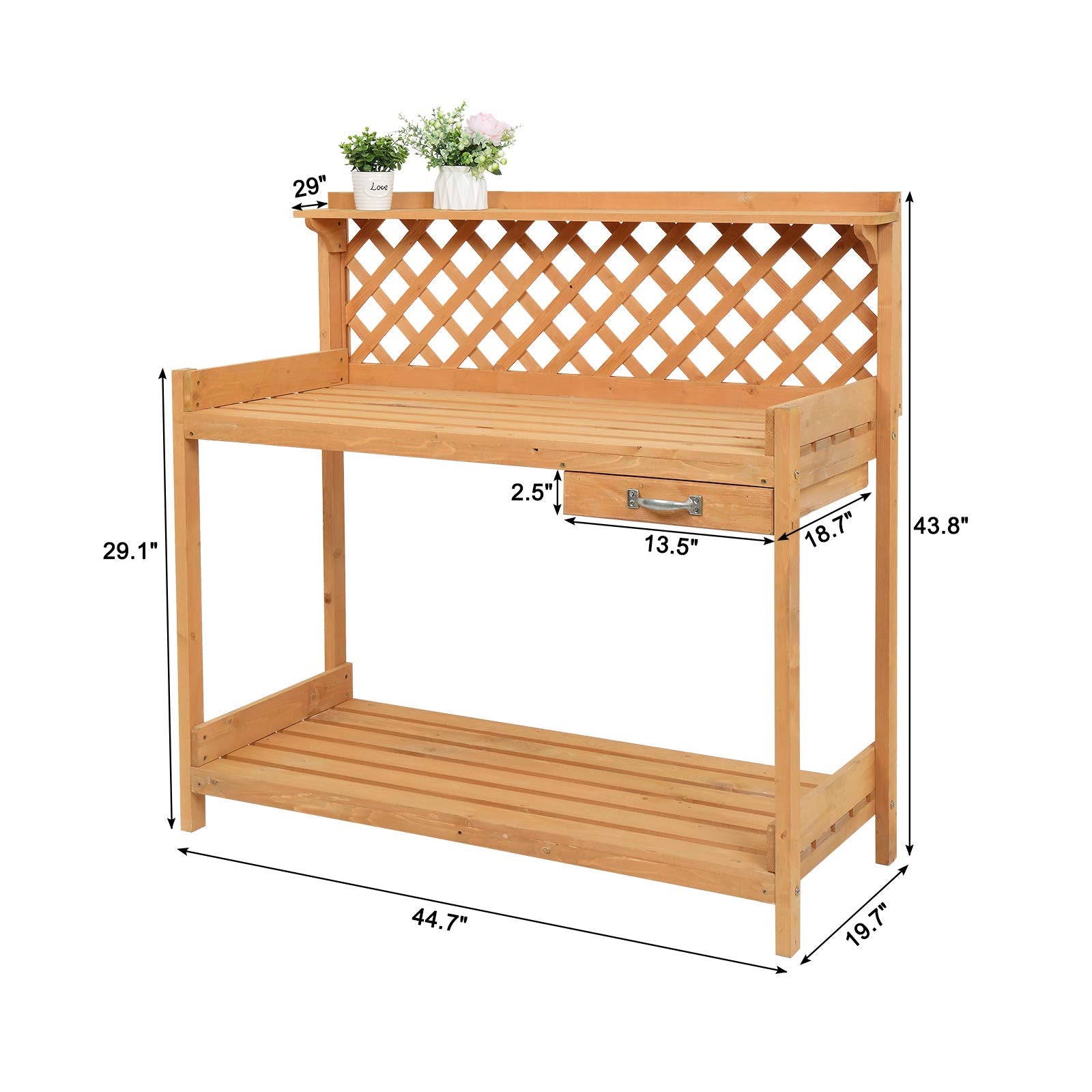 VINGLI Wood Garden Potting Bench Table with Cabinet Drawer, Open Shelf, Lower Storage and Hooks for Gardening Supplies (45 x 20 x 44in) - WoodArtSupply