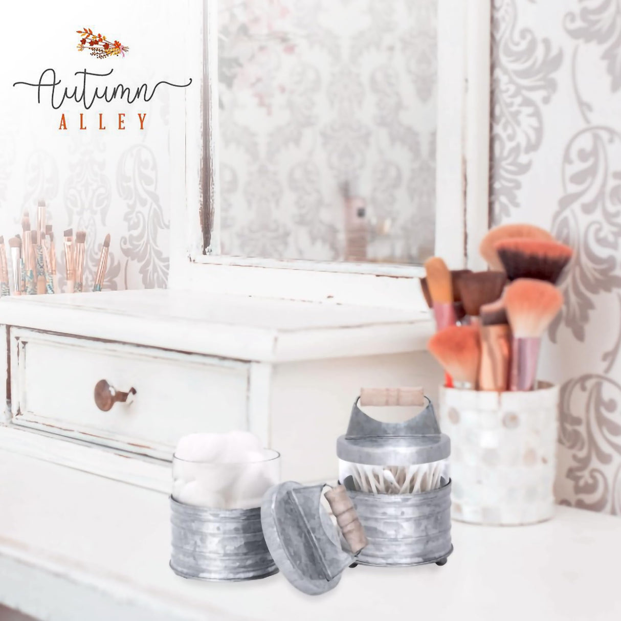 Autumn Alley Galvanized Bathroom Apothecary Jars Set, Farmhouse Bathroom Jars Qtip Holder Glass Dispenser- Rustic Vanity Organizer with Lids for Cotton Balls, Swabs, Rounds, Bath Salts 2-Glass Jars Autumn Alley