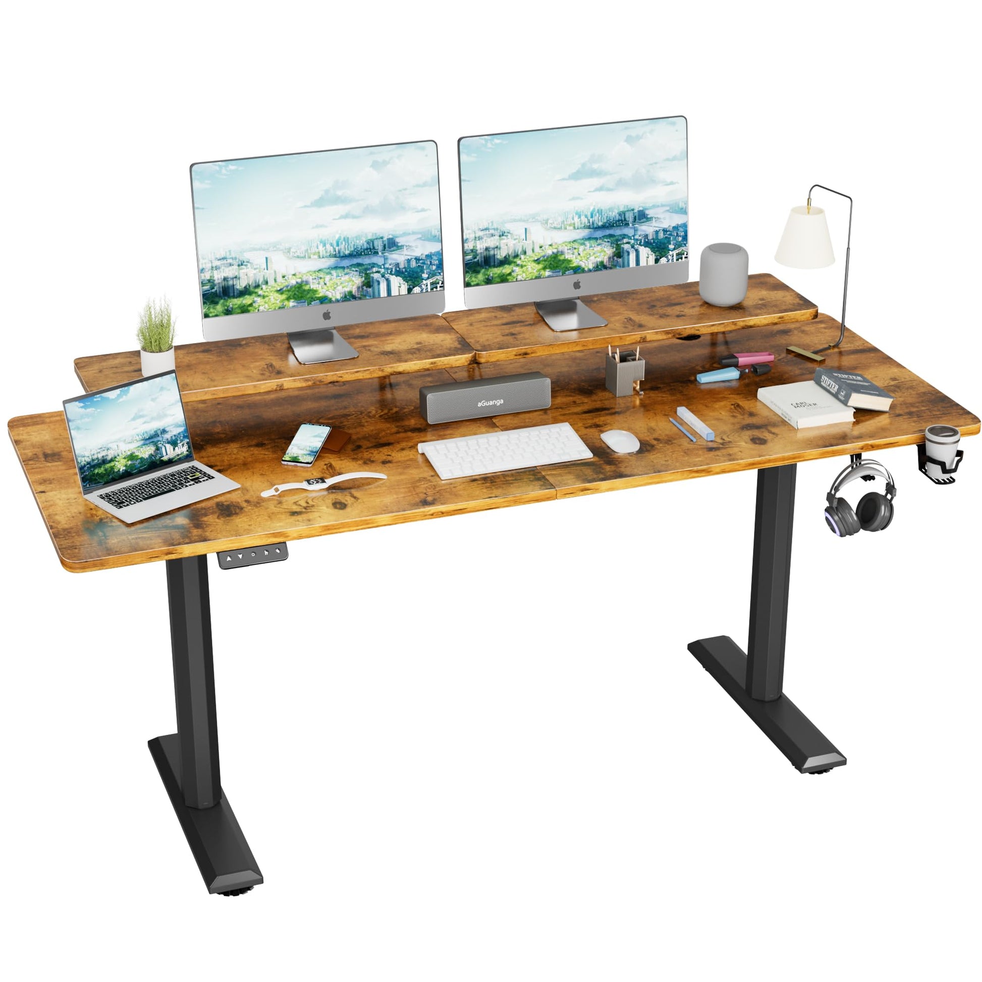 JUMMICO Electric Standing Desk, Adjustable Height Desk 63 x 27 Inch with Monitor Stand, Home Office Computer Desk (Rustic Brown) - WoodArtSupply