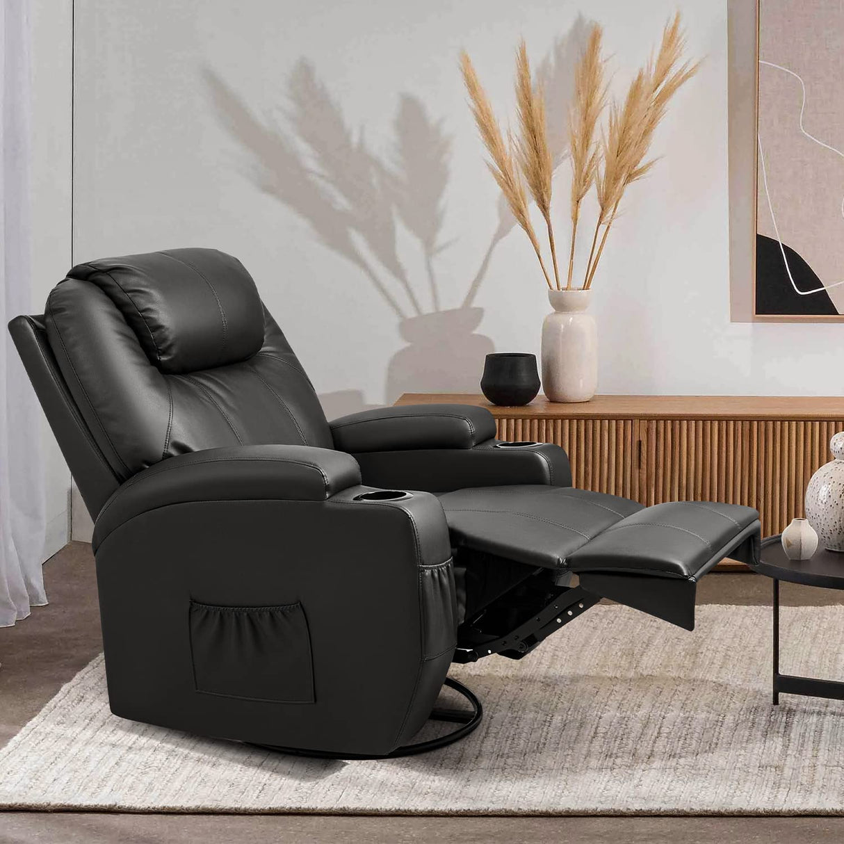 Furniwell Rocker Recliner Chair with Massage for Elderly, Leather Adjustable 360°Swivel Rocking Sofa for Living Room with Remote Control, Cup Holders (Black) Furniwell