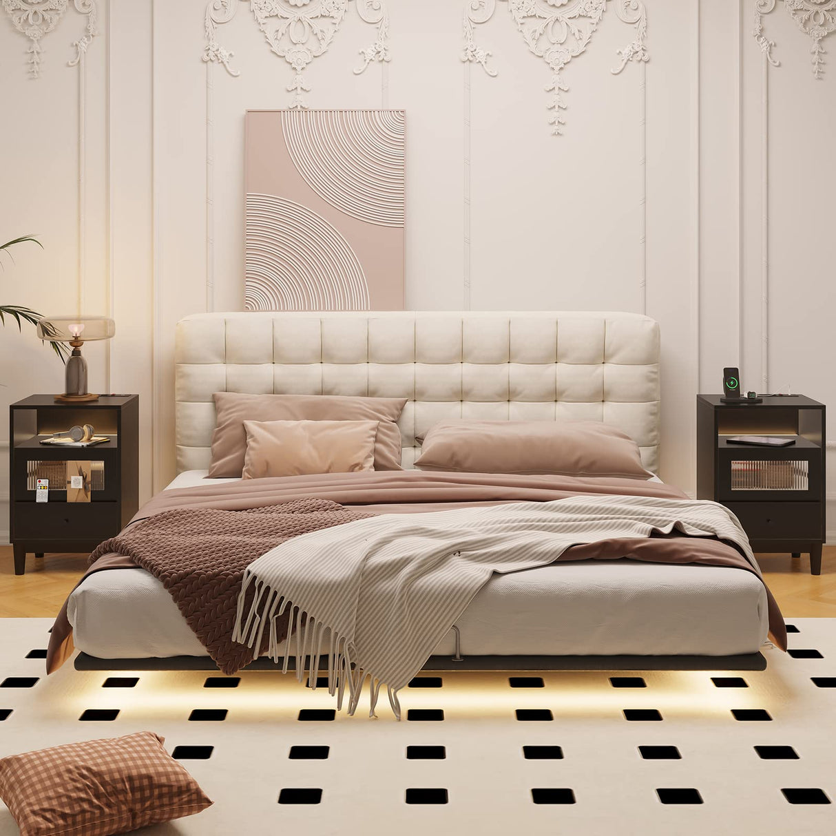 Saudism Black Nightstand with Charging Station, End Table with Glass Drawers, Night Stand with LED Lights, Wood Bedside Tables for Bedroom, 15.7”×13.7”×23.8” Saudism