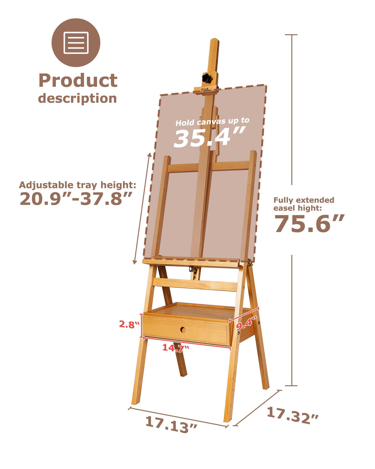 DJAR Large Art H-Frame Easel with Storage Drawer and Shelf, Middle Mast Adjustable to 75", Solid Beech Wood Painting Wooden Easel for Adults, Students, Hold Canvas up to 36", Natural DJAR