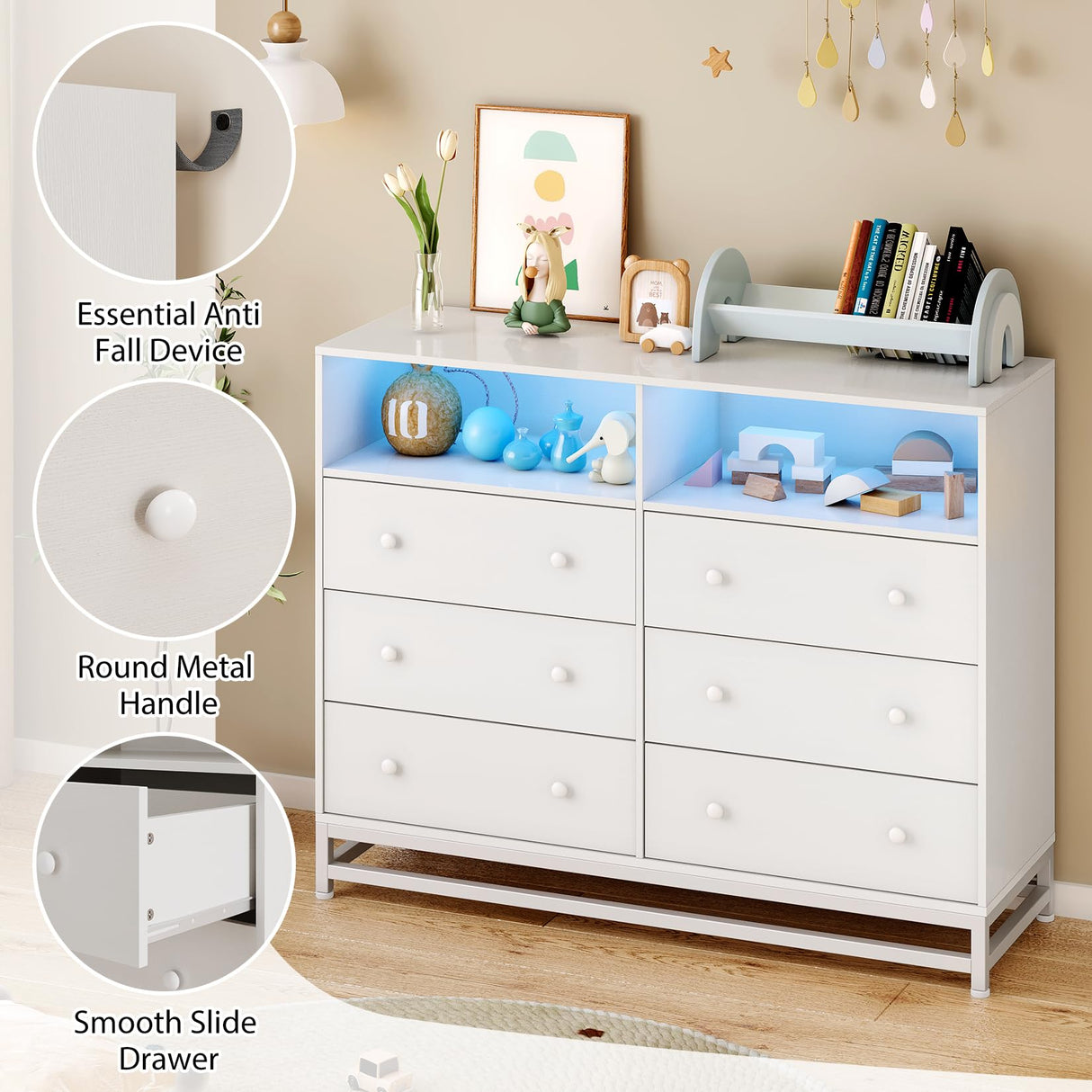 GarveeHome 6 Drawer Double Dresser TV Stand, Bedroom Dresser with Power Outlet & LED Light, Wood Dresser for Room, Hallway, White GarveeHome