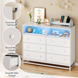 GarveeHome 6 Drawer Double Dresser TV Stand, Bedroom Dresser with Power Outlet & LED Light, Wood Dresser for Room, Hallway, White GarveeHome