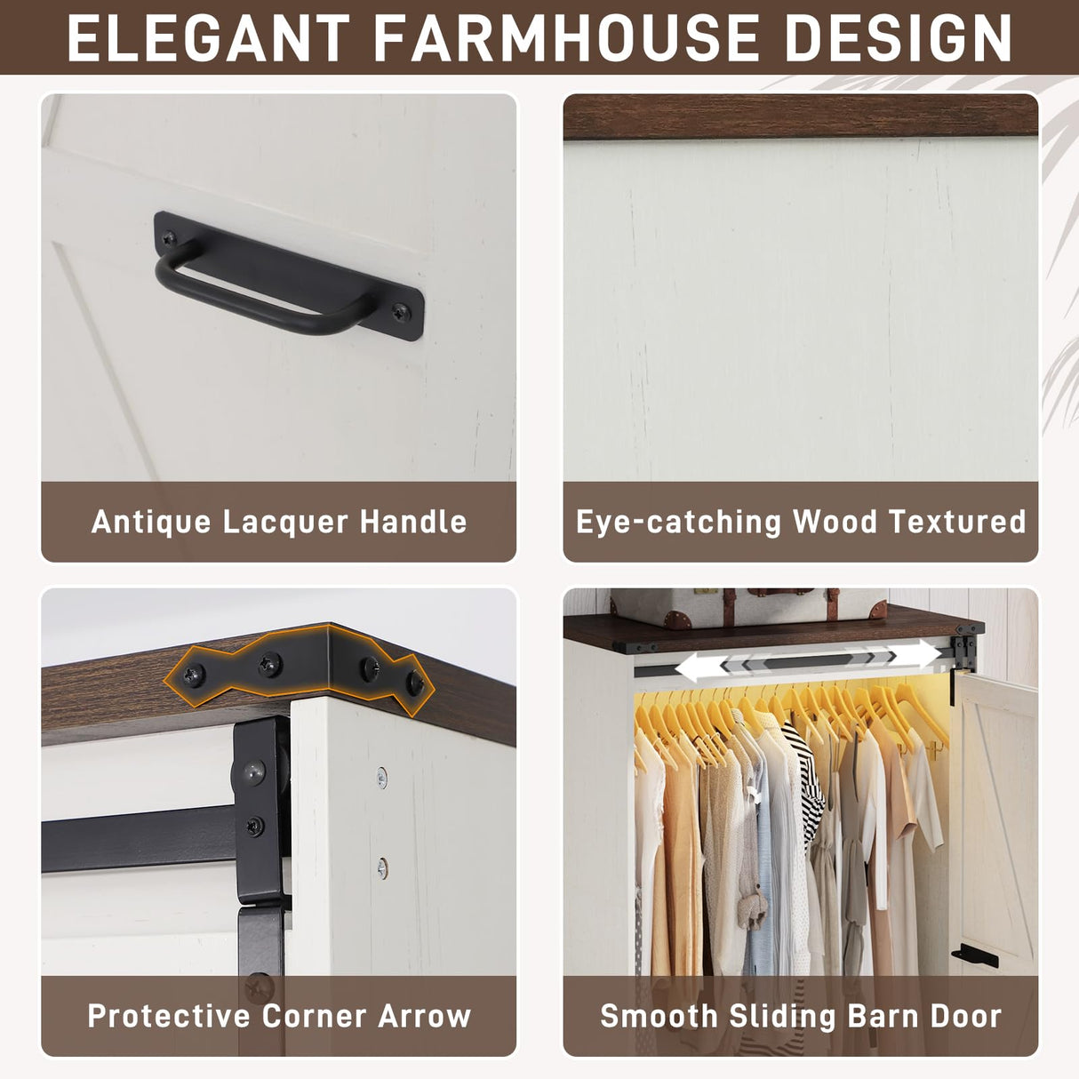 Farmhouse 2 Doors Armoire Wardrobe Closet w/Folding Sliding Barn Door and Lights, LED Armoire Closet w/Drawers for Bedroom, Freestanding Wooden Wardrobe Storage Closets w/Hanging Rod,Antique White jiteentarou