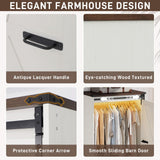 Farmhouse 2 Doors Armoire Wardrobe Closet w/Folding Sliding Barn Door and Lights, LED Armoire Closet w/Drawers for Bedroom, Freestanding Wooden Wardrobe Storage Closets w/Hanging Rod,Antique White jiteentarou