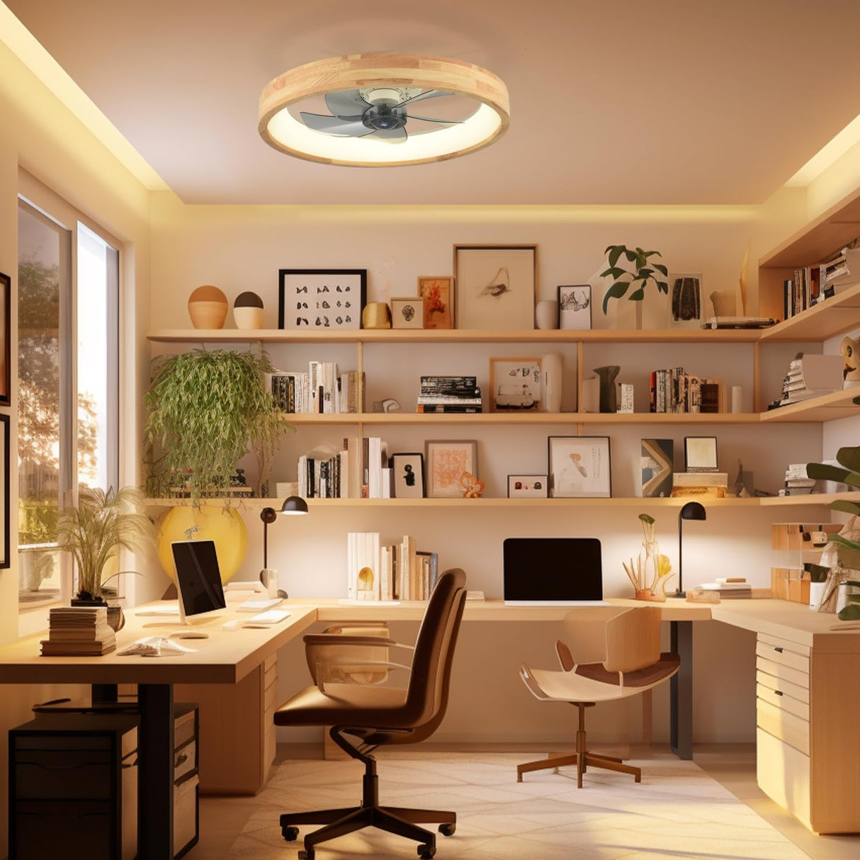 WenineStar 20” Ceiling Fan with Light, Dimmable LED Timing with Remote Control, 5 Invisible Reversible Blades Semi Flush Mount Low Profile Fan, Wood WenineStar