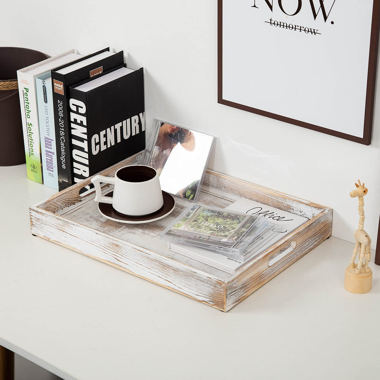 Rustic Distressed Wood Food Breakfast Serving Tray Octagon Serving Tray in Bed with Cutout Carrying Handles Coffee Office Desktop Document Holder Home Kitchen (Washed White) canwedance