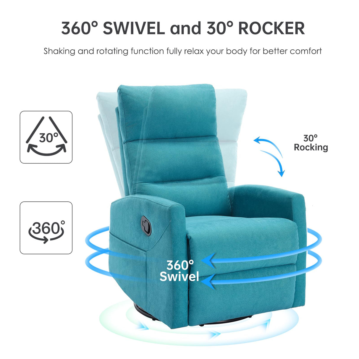 EZZUP 360° Swivel Recliner Chairs for Small Spaces, A Recliner with Side Pockets, Small Rocker Recliner for Living Room, Bedroom, Sky Blue Recliner Chair for Adults EZZUP