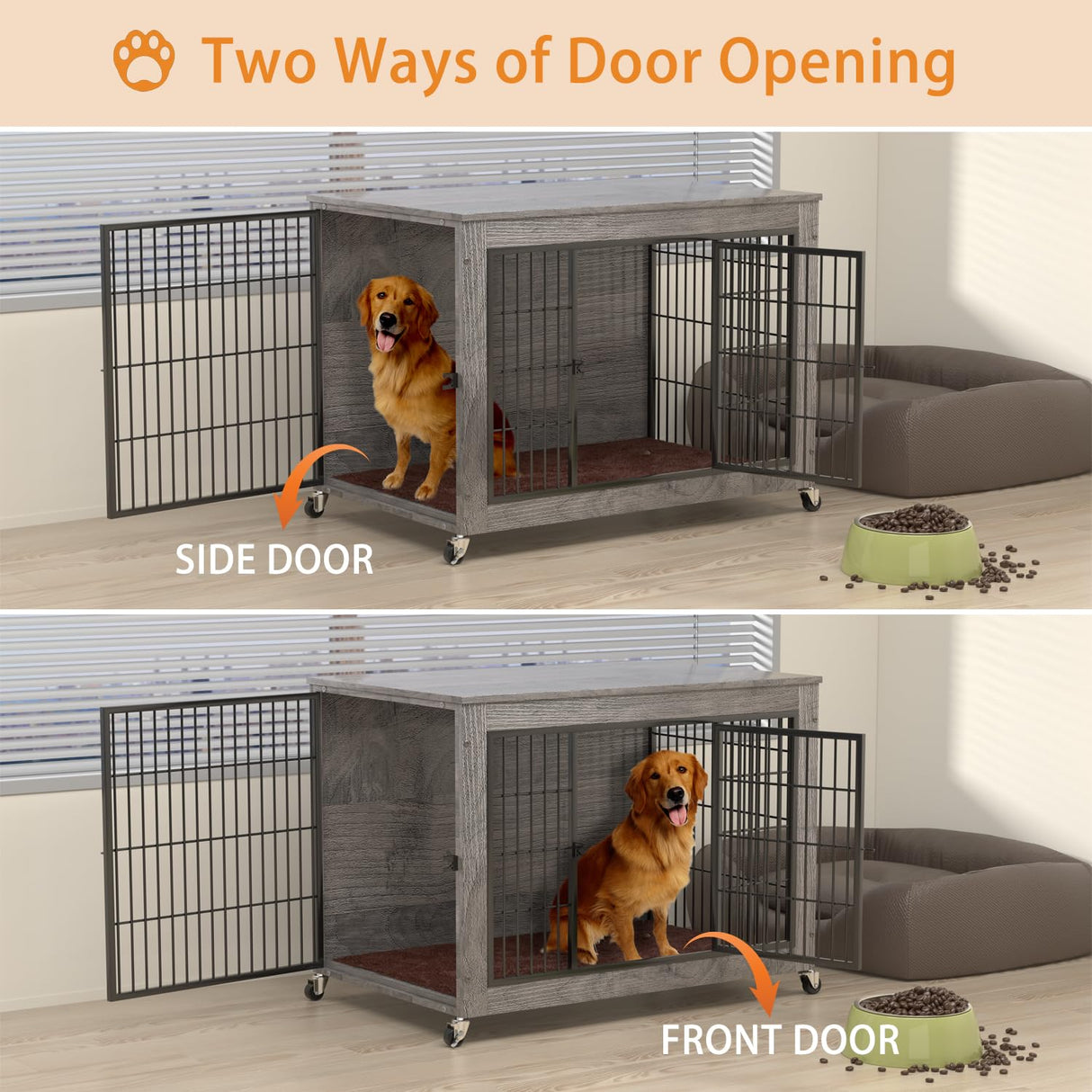 PRETZI Dog Crate Furniture with Cushion,38" Wooden Dog Crate nightstand with Double Doors, Grey Dog Kennel Indoor with Wheels, Decorative Pet Dog House for Small Medium Large Dog PRETZI