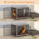 PRETZI Dog Crate Furniture with Cushion,38" Wooden Dog Crate nightstand with Double Doors, Grey Dog Kennel Indoor with Wheels, Decorative Pet Dog House for Small Medium Large Dog PRETZI