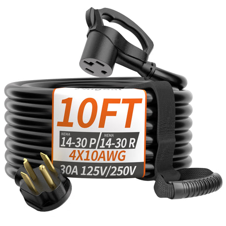 PlugSaf 30 AMP 4 Prong Dryer Cord 10 FT Outdoor Black, 10/4 Gauge Dryer Extension Cord Heavy Duty, NEMA 14-30P to 14-30R Dryer Power Cord and EV Charging, 125V/250V STW 10 Gauge ETL Listed PlugSaf