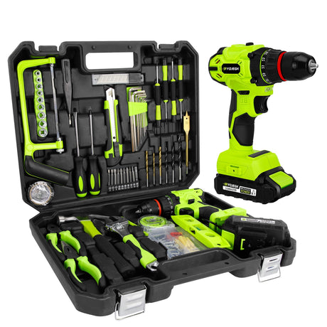 RYOJEGK Home Tool Set with Brushless Drill, 20V 119PCS Cordless Drill Tool Box with Battery, Tool Kit with Drill for Men & Woman, 24+1 Keyless Metal Chuck Brushless Drill Set for Household Repair Kit RYOJEGK