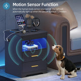 Gurexl LED Nightstand with Gun Drawer, Modern Beside Table with Charging Station, Auto Sensor 3 Color Dimmable Night Stand with Open Compartment for Bedroom Gurexl