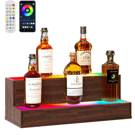Bingoday LED Liquor Shelf with Acrylic Bottle Display Shelves Wood Rack Wine Retro Bar Cabinets for Home Commercial Bar Party (Walnut, 2 step-20in) Bingoday