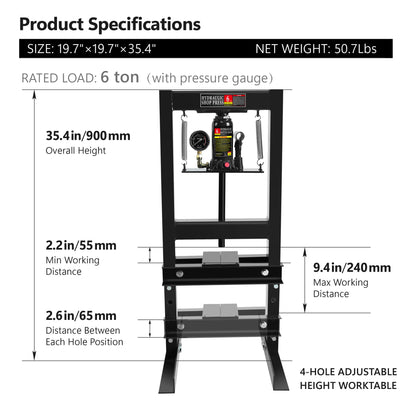 Dithoko Hydraulic Shop Press, 6 Ton H-Frame Garage Floor Mount Press with Adjustable Working Table and Pressure Gauge, Garage Floor Adjustable Shop Press to Bend, Straighten or Press Parts (B - WoodArtSupply