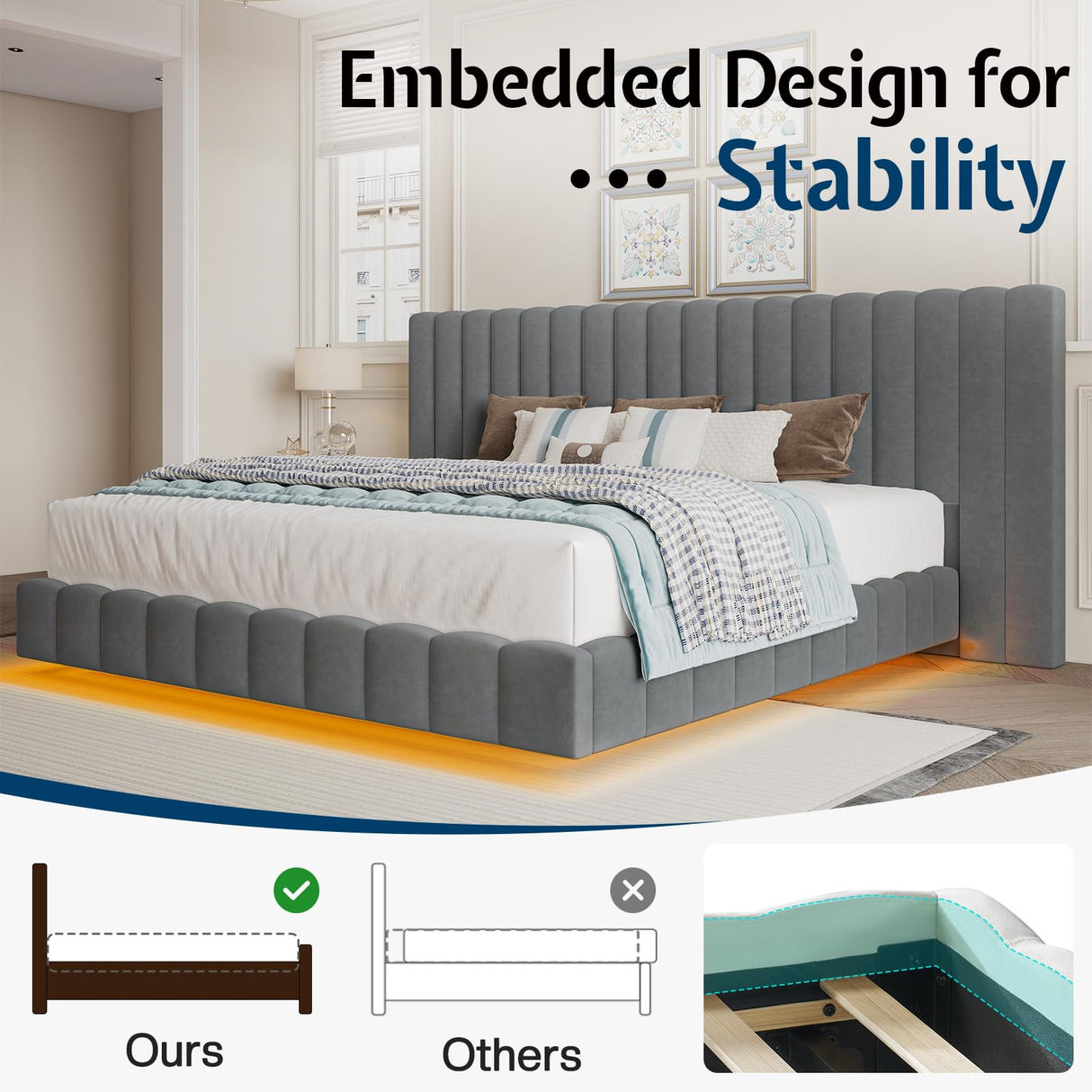 Jocisland King Bed Frame with LED Lights and Upholstered Oversized Headboard, Modern Velvet Platform with Floating Design, No Box Spring Needed, Grey Jocisland