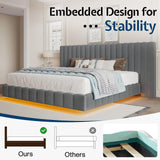 Jocisland King Bed Frame with LED Lights and Upholstered Oversized Headboard, Modern Velvet Platform with Floating Design, No Box Spring Needed, Grey Jocisland