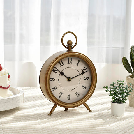 EMAX HOME Vintage Table Clock on Stand, Decorative Desk and Shelf Clock Rustic Mantel Clock Non-Ticking, Metal Frame with Antique Gold Finish EMAX HOME