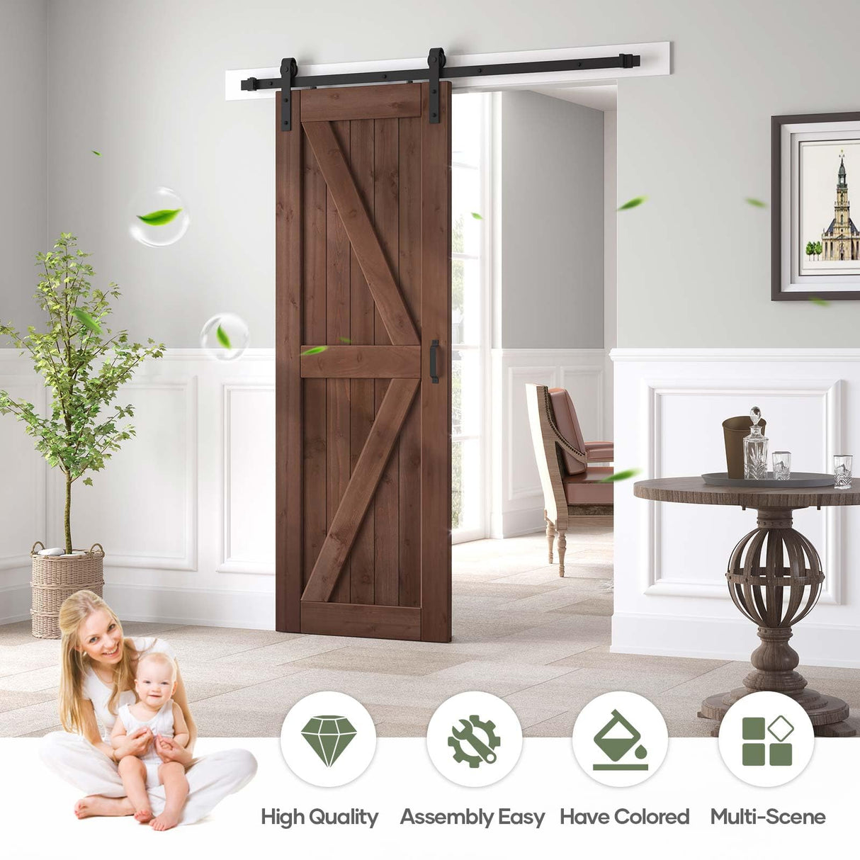 ROYMELO 30x84 inch Sliding Barn Wood Door Slab with 5ft Hardware Kit and Handle, Coffee, K Shape, Simple DIY Assembly ROYMELO