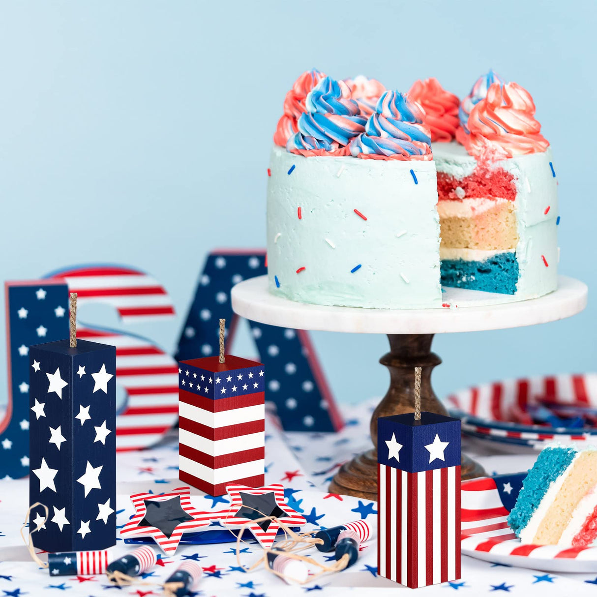 Weysat 3 Pcs Patriotic Wood Block Sign Memorial Day 4th of July Table Decor Glitter Red White Blue Star Signs Firework Tabletop Centerpiece American Flag Independence Day Tiered Tray Decor for Home Weysat