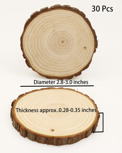 Natural Wood Slices 30 Pcs 2.75-3.1 Inches Craft Unfinished Wood Kit Predrilled Wooden Rounds with Bark, Wood Circles with Hole, Wood Slices for Crafts Ideal for DIY Projects, Christmas Ornaments