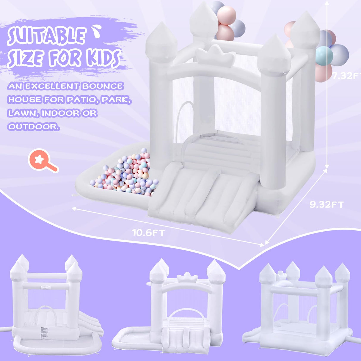 FINCOME White Bounce House, Inflatable Bounce Castle with Double Slide Ball Pit 370W Blower Bouncer for Toddler, Bounce House Bouncy Castle for Indoor Outdoor Backyard Wedding Kids Birthday Party FINCOME