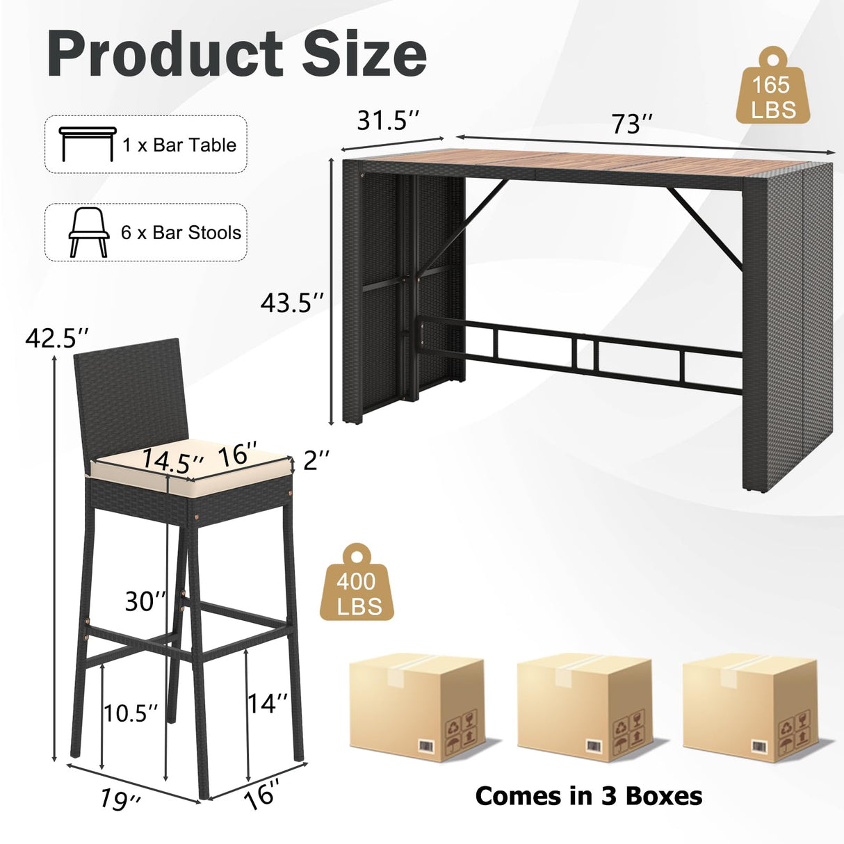 RELAX4LIFE 7-Piece Outdoor Bar Set - Wicker Rattan Bar Height Dining Table w/Acacia Wood Top & 6 Bar Stools Chairs w/Seat Cushions, Backrest, Footrest, Outside Patio Bistro Set for Backyard (73'') RELAX4LIFE