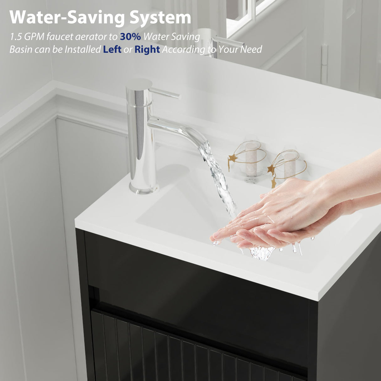 eclife 16" Small Bathroom Vanity Sink Combo, Modern Painted Wall Mounted Floating Cabinet W/Decoration Lines, Resin Basin Sink Top, Chrome Water Save Faucet & Pop Up Drain (Piano Black) eclife