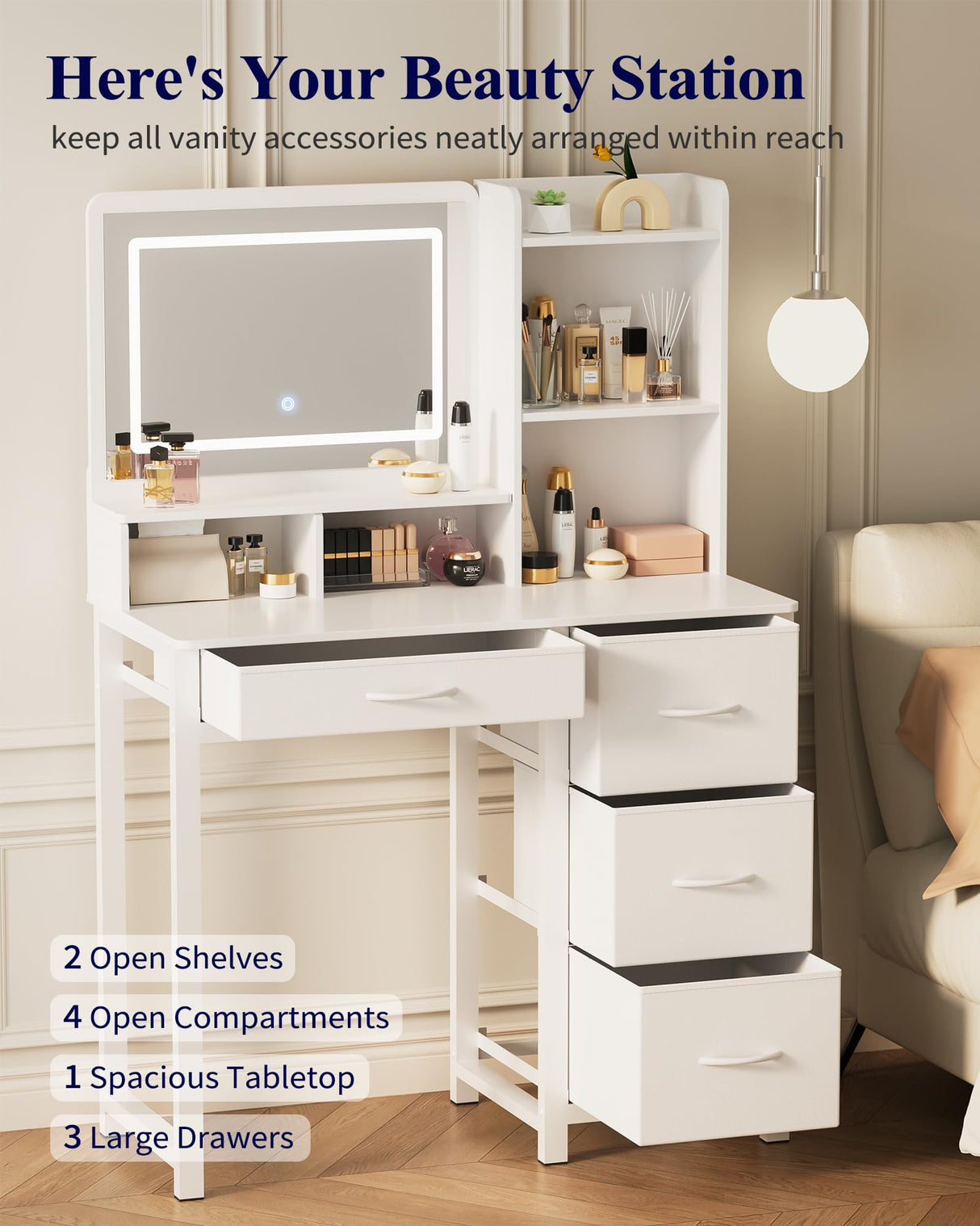 Kitsure Vanity Desk with Mirror and Lights - Large Capacity Makeup Vanity with 4 Fabric Storage Drawers & 3 Lighting Modes, Vanity Table Set with Sturdy Metal Frame for Bedroom, White, 35" x 17" x 52" Kitsure