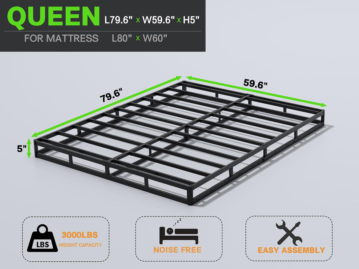 AROMUSTIME 5 Inch Box Spring Queen Low Profile Black Heavy Duty Metal Mattress Foundation/Easy Assembly/Non-Slip/Noise Free/Easy Clean Fabric Cover AROMUSTIME
