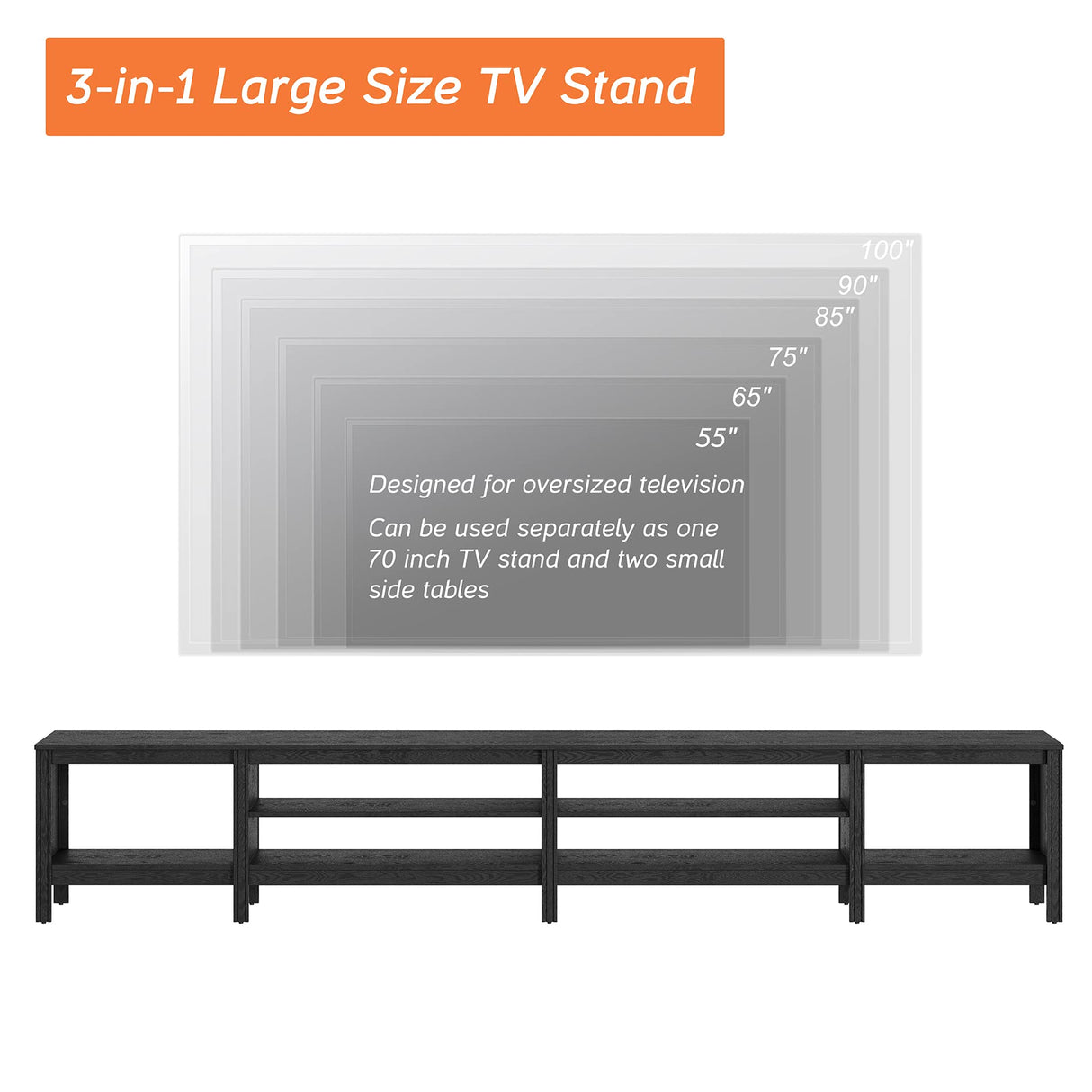 WAMPAT TV Stand for 100 Inch TV with 16 Changable LED Lights, Black Entertainment Center for 80 85 90 inch TV Console Table with 6 Cubby Storage for Living Room Bedroom, 95 inch WAMPAT