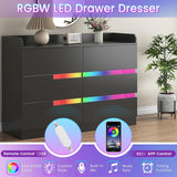 Frmobepts 6 Drawer Dresser with Charging Station and LED Light, Modern Wide Chest of Drawers for Bedroom or Living Room, 47.2" D x 15.7" W x 33.5" H, Black Frmobepts