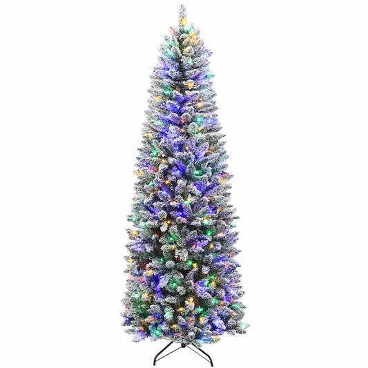 Hykolity 6.5 ft Prelit Snow Flocked Pencil Slim Christmas Tree, 544 PVC Branch Tips, 200 Color Changing LED Lights, Metal Stand and Hinged Branches, 10 Color Modes