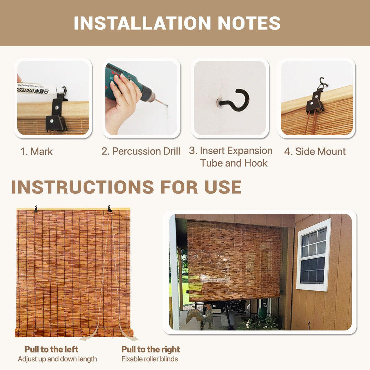 Bamboo Roll Up Shade Retro Bamboo Blinds 34 36 39 47 55 72 inch Wide Outdoor Roll Up Shades for Patio Waterproof Bamboo Roman Shades Privacy Sunshades Porch Blinds for Garden Balcony Home Decor KaulaTrinx