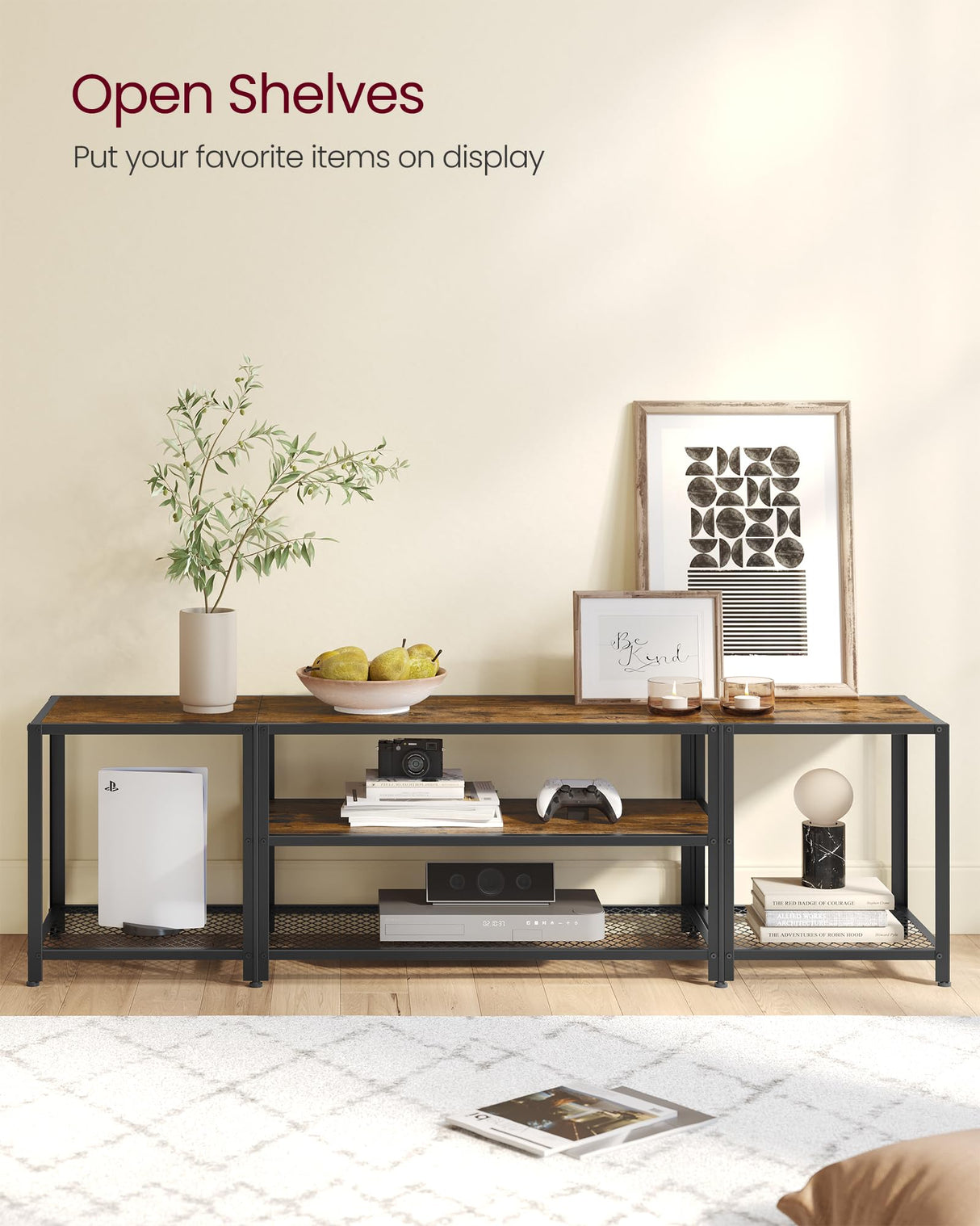 VASAGLE Modern TV Stand for TVs up to 75 Inches, 3-Tier Entertainment Center, Industrial TV Console Table with Open Storage Shelves, for Living Room, Bedroom, Rustic Brown and Black ULTV098B01 VASAGLE