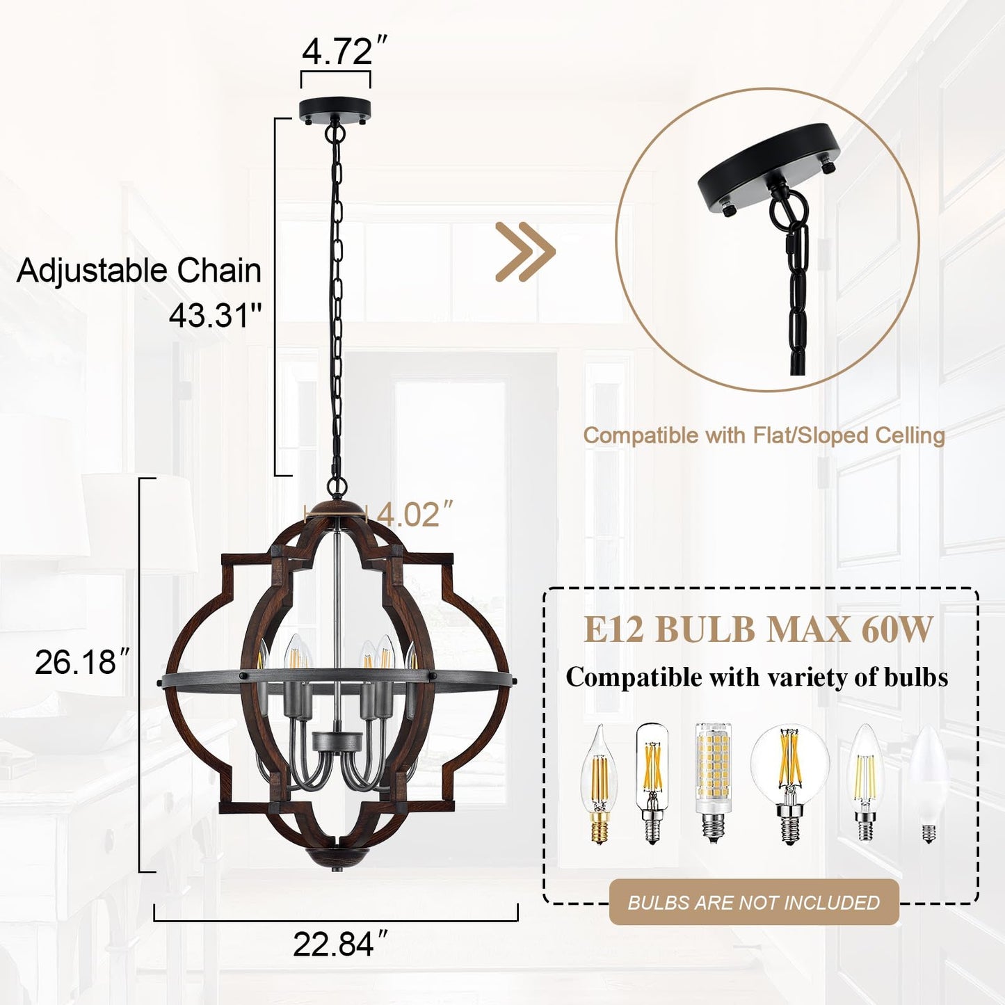 TACDANDM 23'' 6-Light Wood Farmhouse Chandelier for Dining Room Vintage Rustic Oak Brown Pendant Light Fixtures Globe Hanging Ceiling Lighting for Hallway Entryway Foyer Kitchen Living Room Bedroom