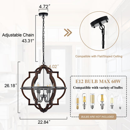 TACDANDM 23'' 6-Light Wood Farmhouse Chandelier for Dining Room Vintage Rustic Oak Brown Pendant Light Fixtures Globe Hanging Ceiling Lighting for Hallway Entryway Foyer Kitchen Living Room Bedroom