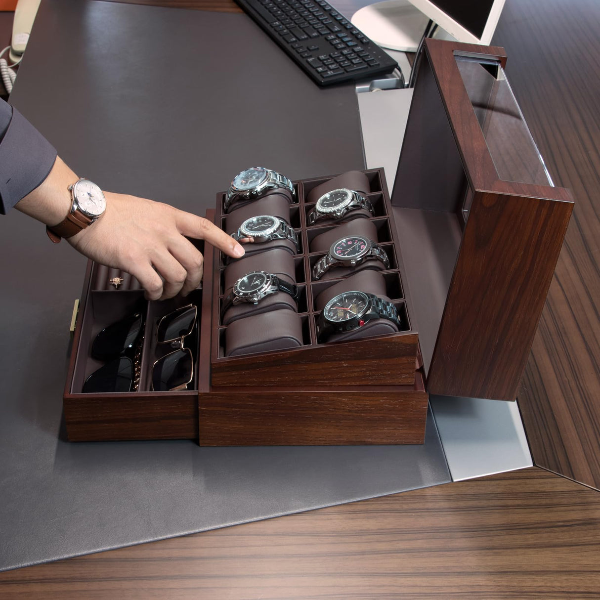 High End Watch Box for Men, 12 Slot Wooden Watch Case With Drawer, Watch Display Box with Glass Lid, 2-Layer Watch Holder for Jewelry and Watch Storage for Men Women , Ideal for Gift (With Gift Box) KAMIER