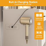 Fameill Vanity Desk with Lighted Mirror & Power Strip,Large Vanity Table with Glass top and Lots Storage,3 Drawer Makeup Desk with Hair Dryer Stand,3 Lighting Modes,White Fameill