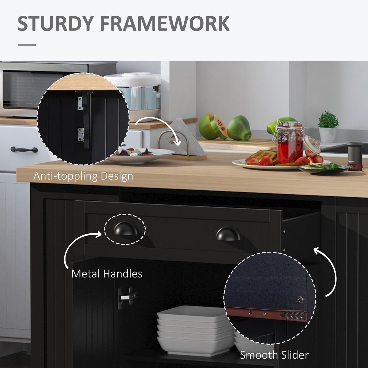 HOMCOM 47" Fluted-Style Wooden Kitchen Island, Kitchen Countertop Storage Cabinet with Drop Leaf, Drawer, Open Shelves, Storage, Black Aosom