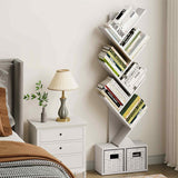 Vagusicc 6 Tier Tree Bookshelf, Tall Bookcase with Storage Cabinet, Wooden Shelves Storage Organizer for Displaying Books, Magazines, CDs, Narrow Floor Standing Book Shelf for Living Room, White