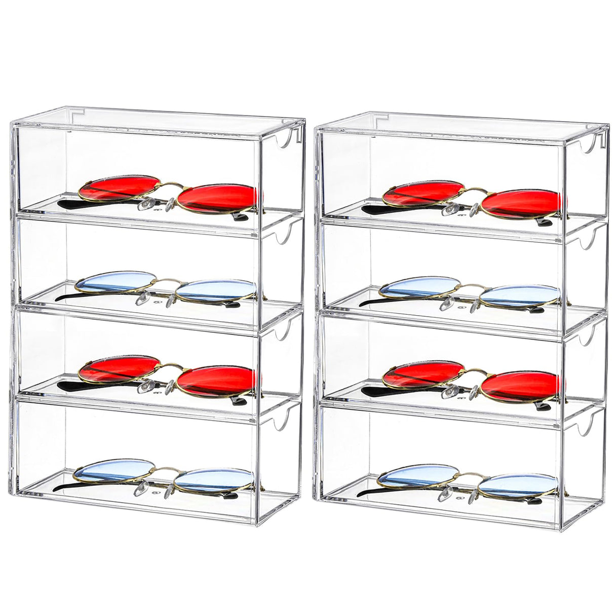 Nicunom 2 Pack Sunglasses Organizer Acrylic, Clear Eyeglasses Case with 4 Drawers, Eyewear Storage Display Case, Stackable Eyeglasses Holder for Women & Men Eyewear Nicunom
