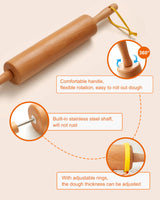 VINOIL Classic Wood Rolling Pin, 17" Rolling Pins for Baking with Silicone Mat and Adjustable Thickness Rings, Pasta Roller with Wood Base, Fondant Roller for Pie Crust, Cookies, Pizza Dough and Bread Vinoil