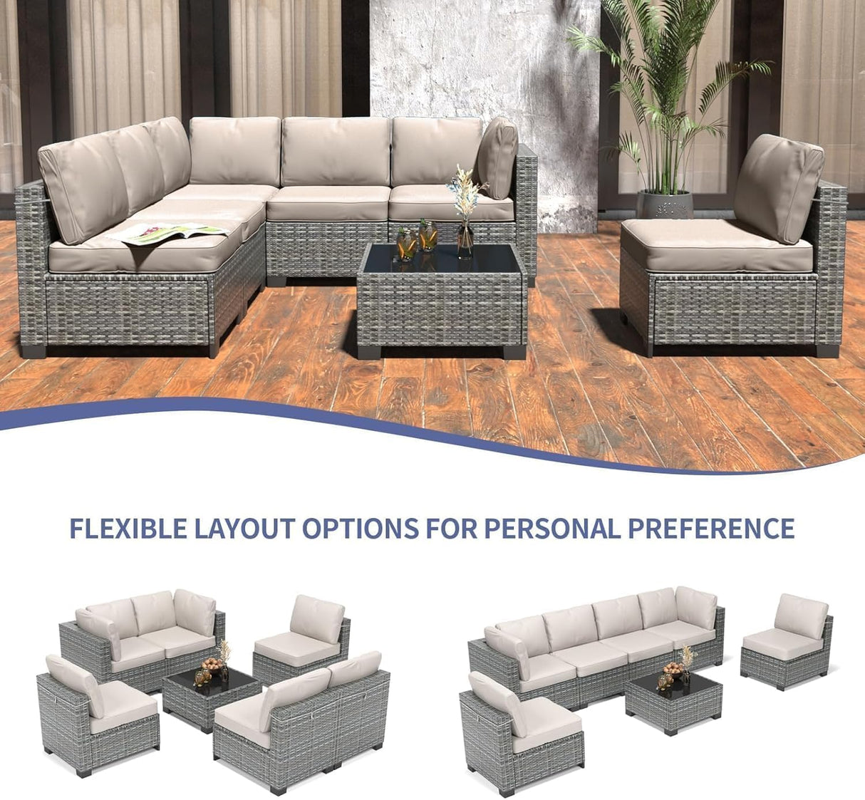6 Piece Outdoor Patio Furniture Set with Coffee Table, Rattan Deck Conversation Sofa Set, All-Weather Sectional Rattan Sofa with Glass Top Coffee Table, Poolside, Garden, Porch, Grey + Beige GAOMON