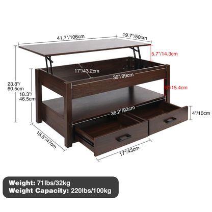 AKVOMBI 42in Lift Top Coffee Tables with Storage for Living Room, Retro Central Wood Table with Hidden Compartment and 2 Drawers, Espresso