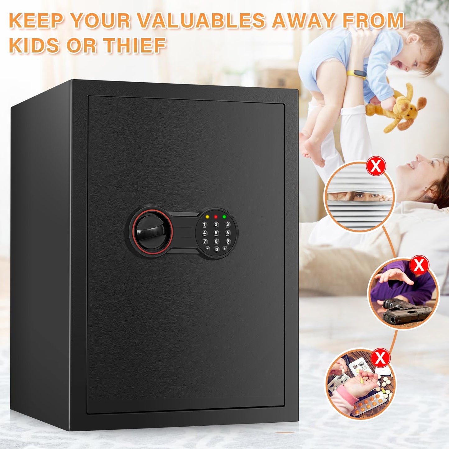 3.0 Cub Large Home Safe Fireproof Waterproof, Anti-theft Fireproof Safe Box with Programmable Keypad, Spare Keys and Removable Shelf, Digital Security Safe for Home Money Firearm Documents Medicines